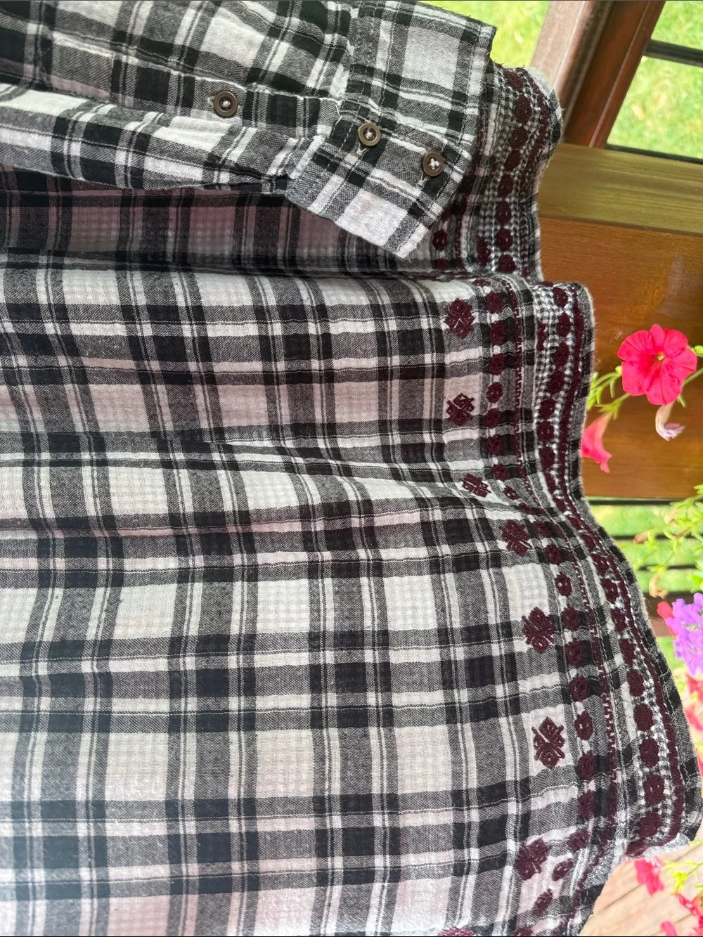 Vintage America Black, White & Burgundy Plaid Embroidered Tunic